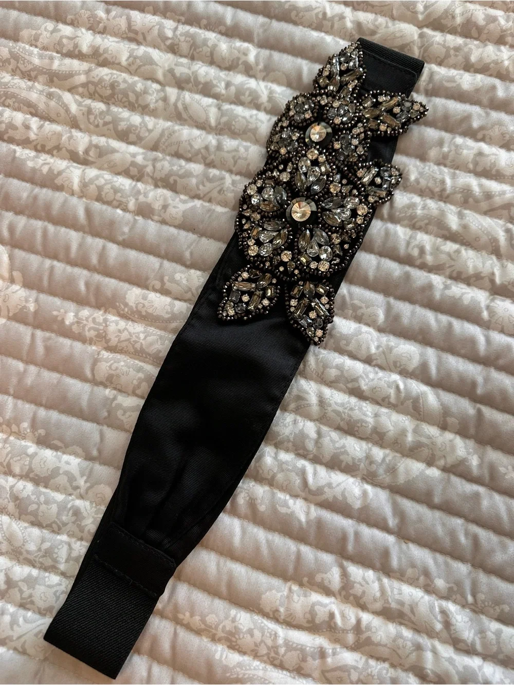 White House Black Market Black Embellished Elastic Waist Belt with Snap Closure